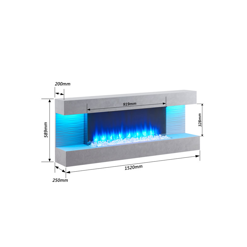 KINGSTON FLAMME Electric Fireplace with, Cement Grey, 60cm H x 152cm W x 25cm D