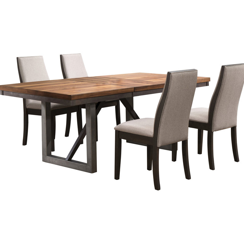Natural Walnut 5 Dining Featuring A Rectangular Table With Trestle Base, Removable Leaf, And Ergonomic Upholstered Chairs An Extendable Table, Solid Back