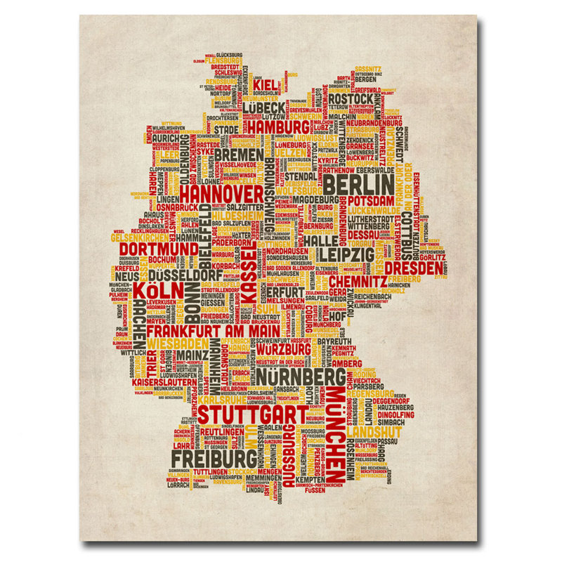 " Germany Text Map " by Michael Tompsett, Orange/Red, 24" H x 18" W x 2" D