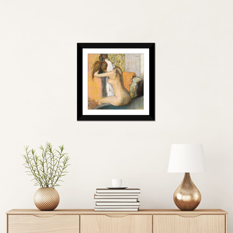«After The Bath» par Edgar Degas, impression sur toile tendue, H 16 po x l 16 po x P 1 po, Papier d'art encadré noir, Blanc