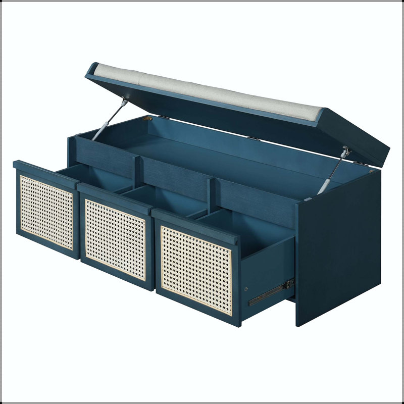 Banc de rangement pour hall d'entrée rétro avec tiroirs en rotin et coussin touffeté, Antique Navy, Antique Navy
