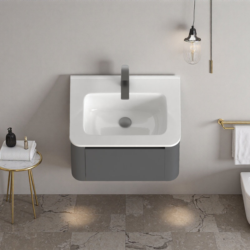 Meuble-lavabo flottant mural 24 po avec lavabo intégré en céramique - gris avec tiroir à fermeture en douceur, 24"
