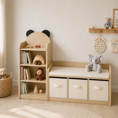 Kids 2-in-1 Wooden Reading Nook  with Cushion, 3-Tier Kids Bookshelf Storage Organizer with 3 Fabric Storage Bins, Cute Bear Design, Natural Wood Finish for Bedroom Playroom