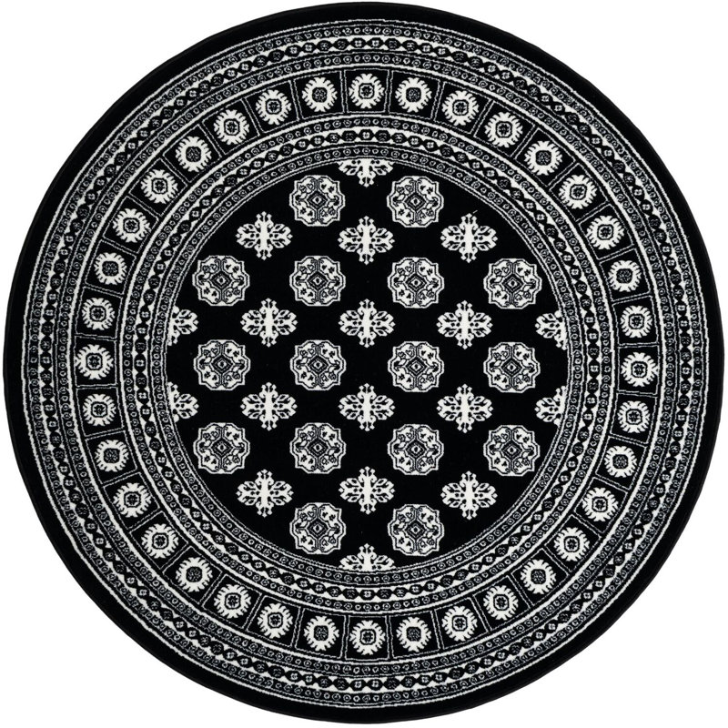 Tapis traditionnel Hinshaw noir et blanc, Rond 5 pi 3 po