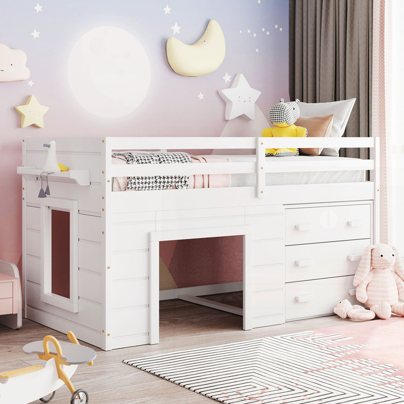 Lit mezzanine simple avec armoire et tablette, Blanc