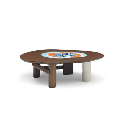 Artistic Solid White Ash Wood Coffee Table with Hand-Painted Acrylic Panel and Natural Marble Pedestal Base