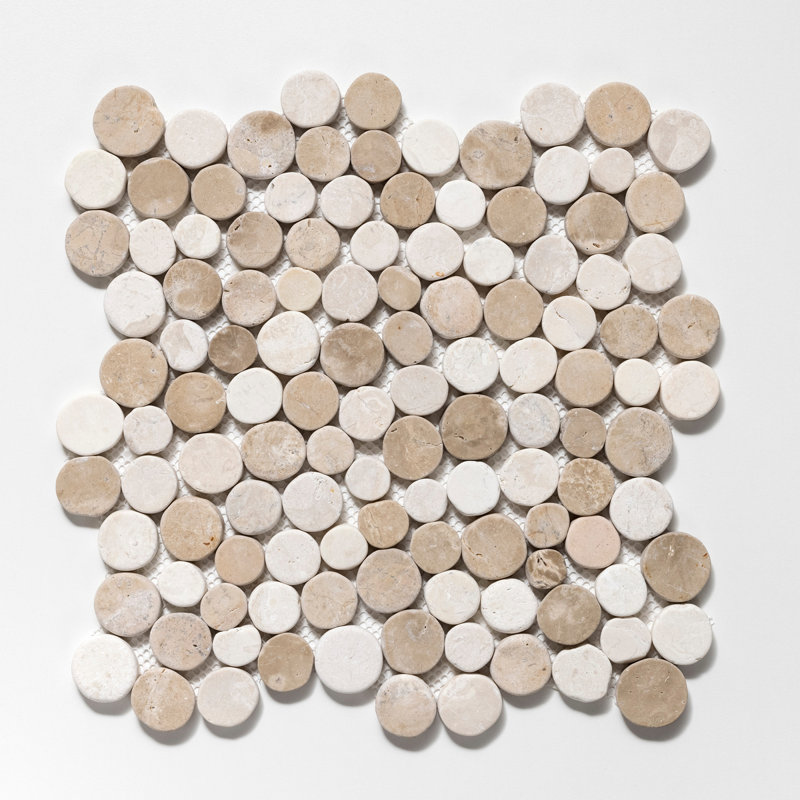 Carreau de mosaïque rond en pierre naturelle 11,5 po x 11,5 po, Brun clair / Blanc cassé