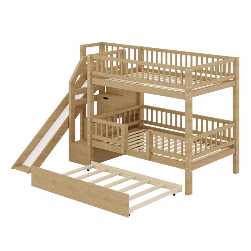 Lit superposé moderne pour enfants, glissière et gigogne d'escalier de rangement pratique, Walnut