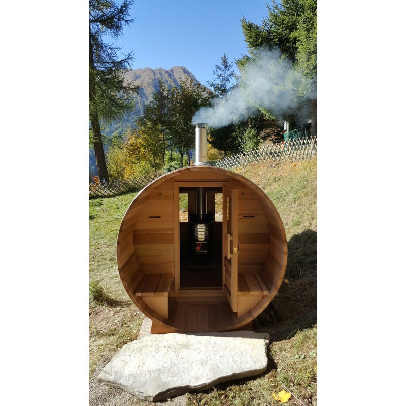ZONEMEL Steam Sauna Room with Wood Burning Stove, Canadian Hemlock Outdoor Barrel Sauna with Porch, Asphalt Shingle Roof, 6-8 Person, 8mm Tempered Glass