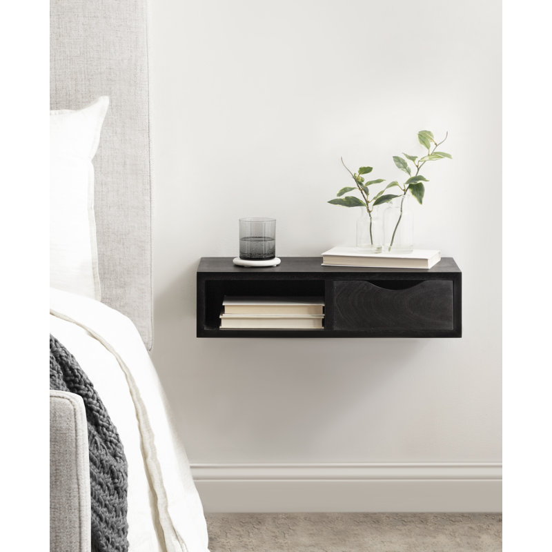 Byata Floating Wall Shelf Side Table with Drawer, Black
