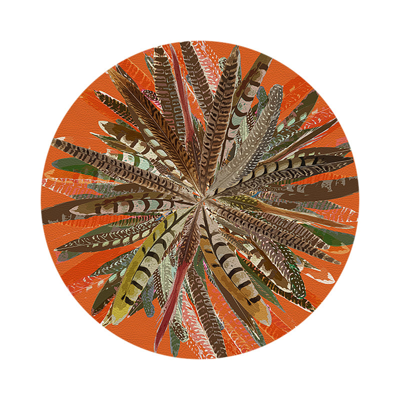 Pheasant Feathers Vegan Leather Round Pebble Placemat, Orange