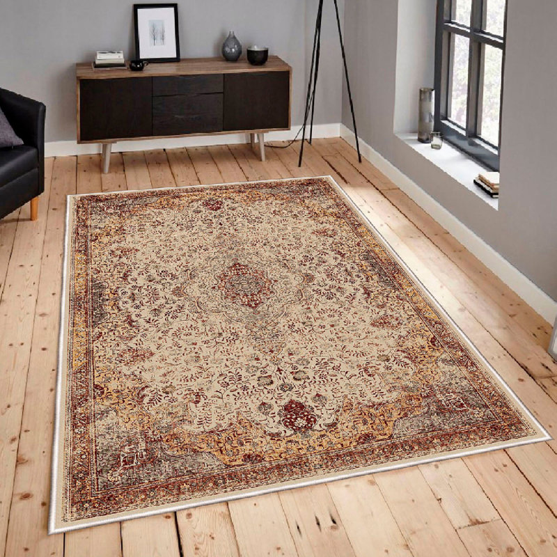 Wencil 100% Cotton Area Rug, 4.6 x 7.2 Feet | Antibacterial, Non-Slip PVC Underside, Pile Height: 0.4 in, Total Thickness: 0.3 in | Machine Washable, Beige, Red & Camel Colors | Durable & Stylish for Living Room & Bedroom
