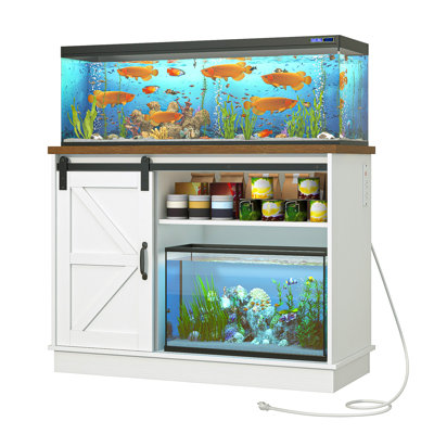 Farmhouse Aquarium Stand With Sliding Barn Door, Fish Tank Cabinet With Adjustable Shelves & Built-In Power Outlets