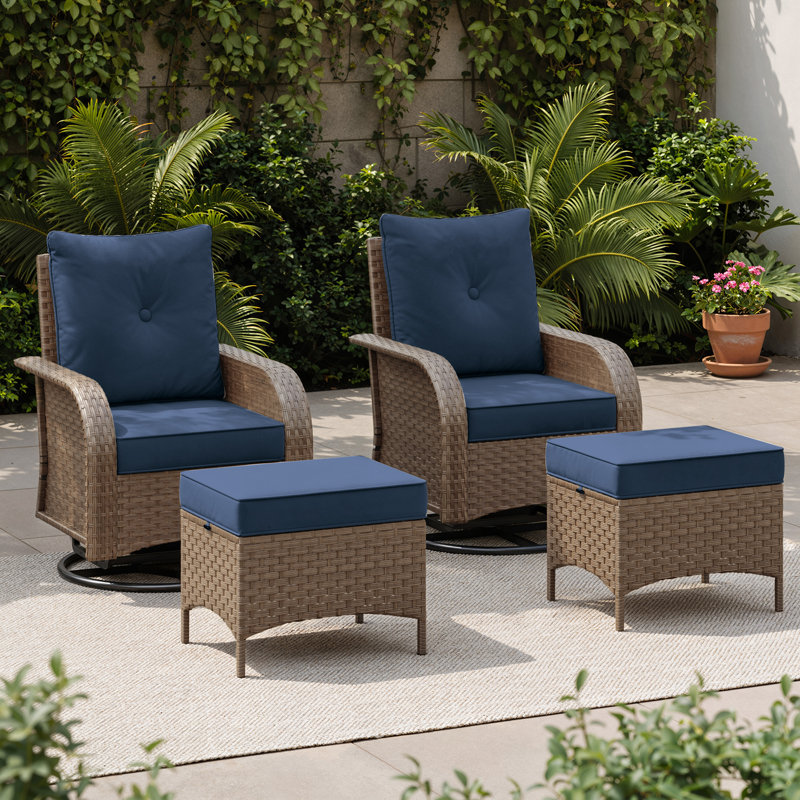 Ensemble de conversation de patio 4 pièces avec chaises berçantes pivotantes, ensemble de meubles d'extérieur en osier et en acier toutes saisons, repose-pieds pour la cour, le porche, le jardin