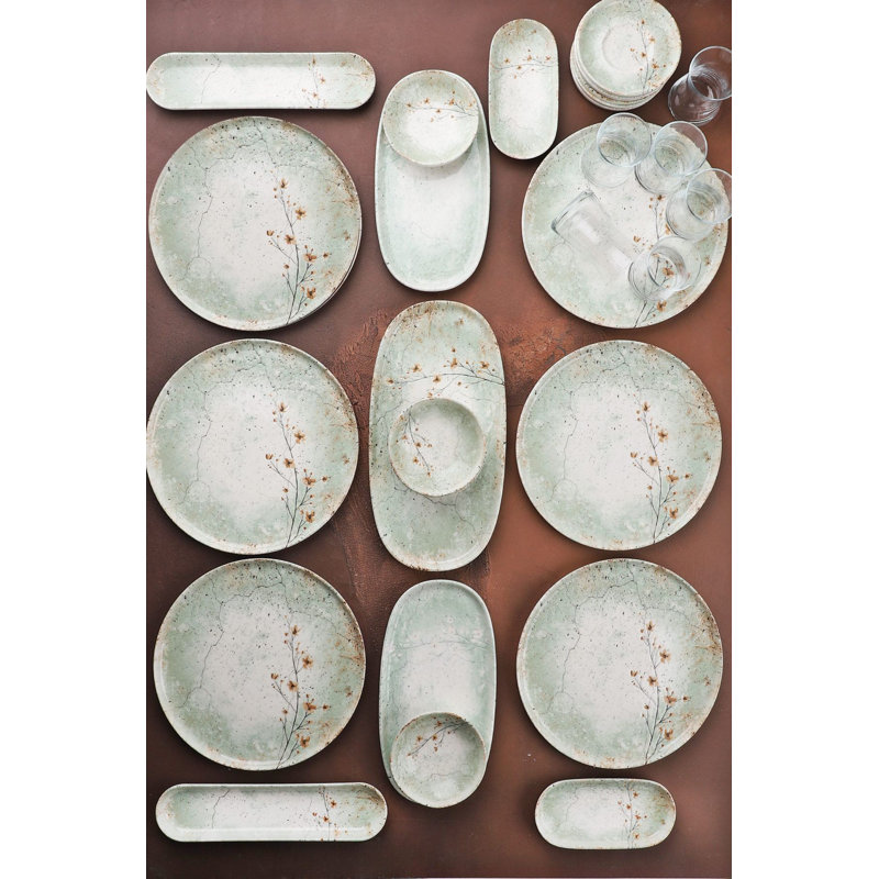 Ensemble de petit-déjeuner 29 pièces, 100% porcelaine | Comprend 6 assiettes (9,4 po), 2 ovales olive, 1 grand plat (9,8 po), 2 plateaux moyens (8,7 po), 4 bols (4 po), 6 tasses à thé et 6 soucoupes | Va au lave-vaisselle et au micro-ondes, expérience culinaire élégante