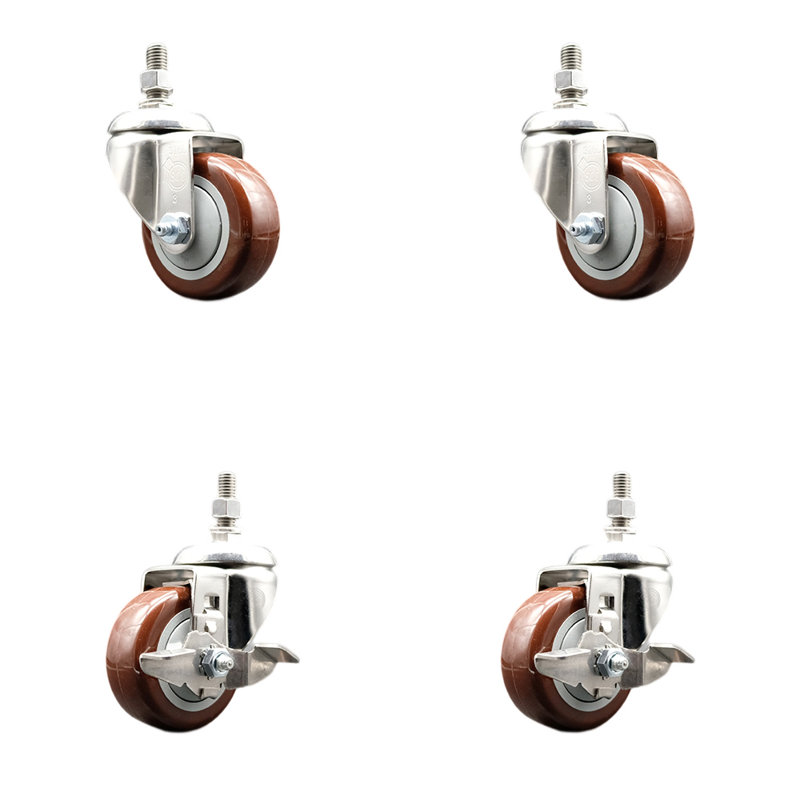 3.5 Inch 316SS Maroon Polyurethane 10mm Threaded Stem Caster Set 2 Brakes