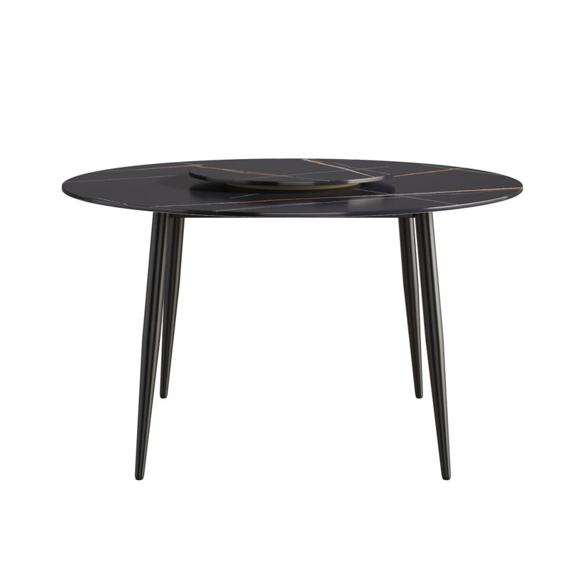 Four-Leg Round Sintered Stone Dining Table With Lazy Susan, Black, Black