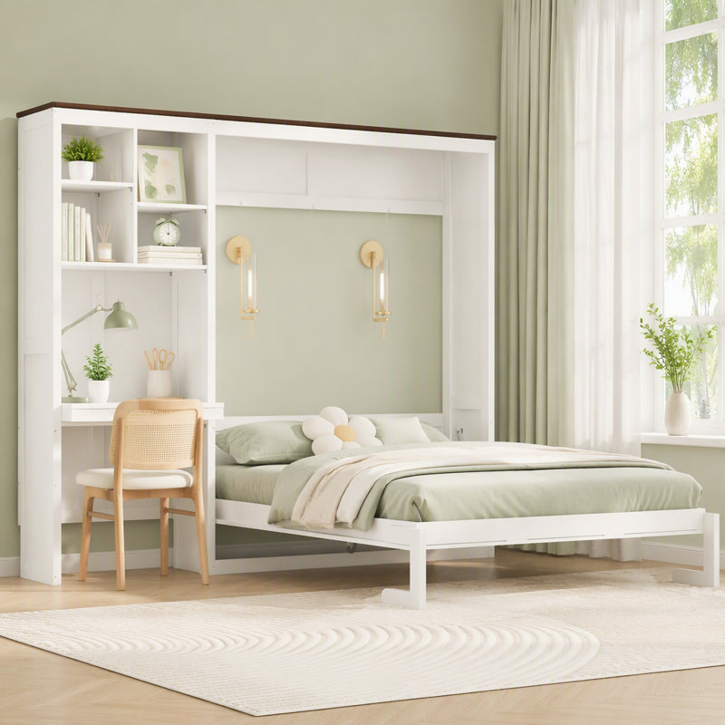 Grand lit escamotable avec bureau intégré et armoire de rangement multicouche, Blanc