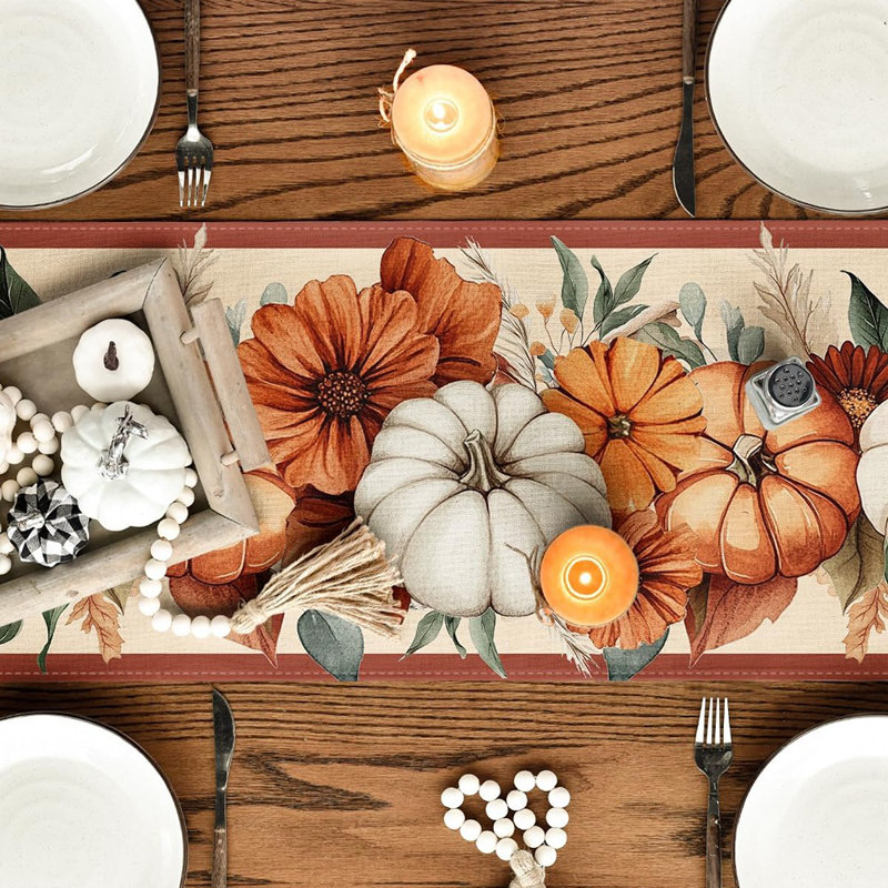 Chemin de table de ferme à la ferme de maïs citrouille 210 g / m², décoration de table de salle à manger d'automne saisonnier pour décoration de fête à domicile 13 po x 120 po