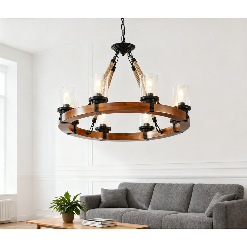 Luminaire de lustre en roue de chariot rustique avec abat-jour en verre bullé, luminaire suspendu industriel à cadre en bois massif pour le vestibule de l'îlot de cuisine de la salle à manger