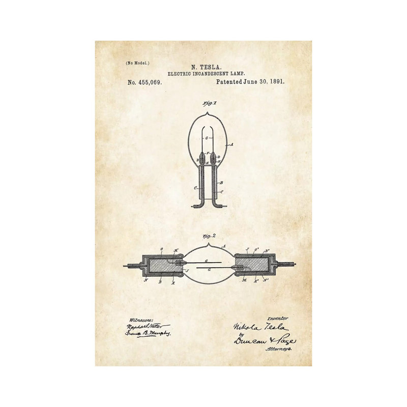 Nikola Tesla Light Bulb by Patent77 - Wrapped Canvas Print, 101.6 cm H x 66.04 cm W x 3.175 cm D
