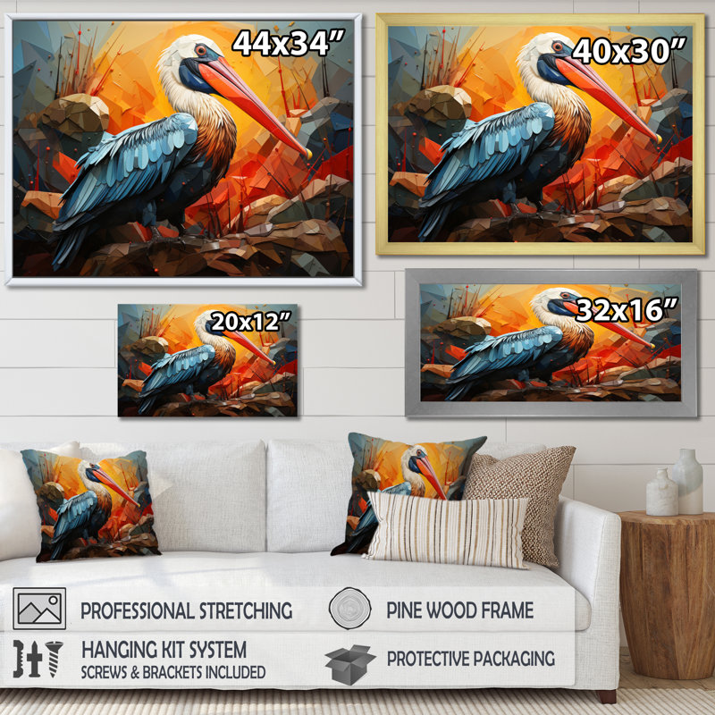 Orange Pelican Coastal Geometric II - Animals Canvas Wall Art, H 16 po x l 32 po x P 1 po, Cadre simple blanc