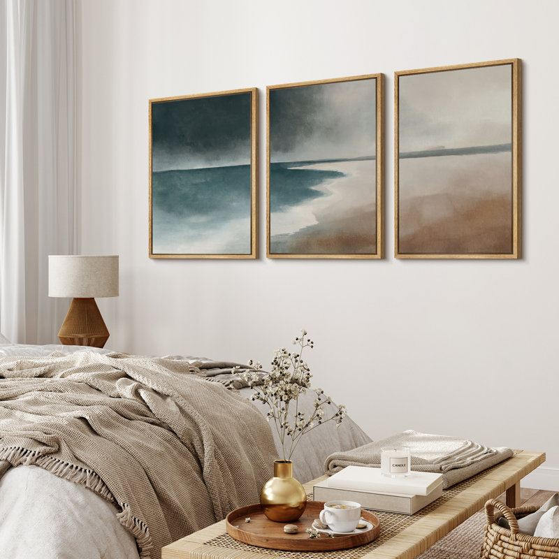 "Teal Blue Coastal Horizon & Minimal Beach Landscape", reproduction d'art sur toile encadrée 3 pièces, Cadre naturel flottant