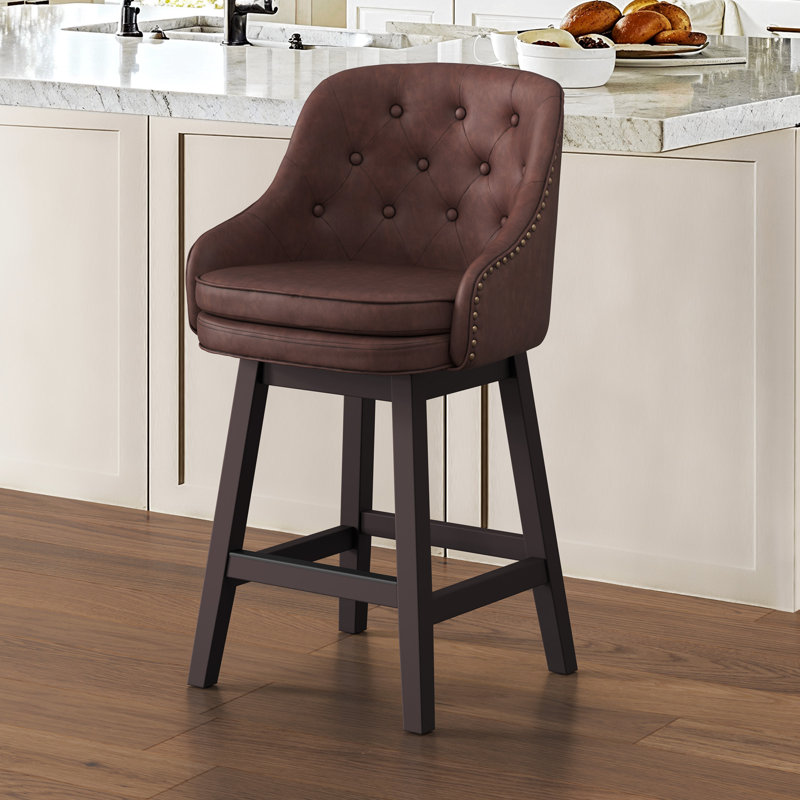 Chela Upholstered Button-Tufted Barstool with Solid Wood Frame, Reddish Brown Seat/Espresso Frame