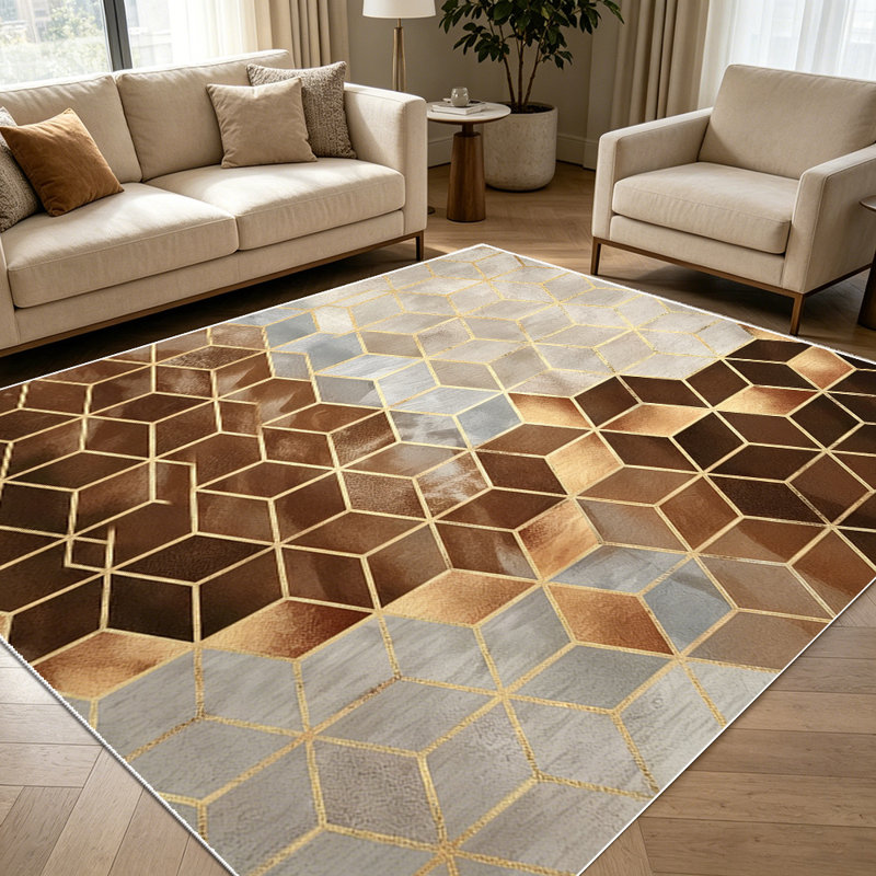 1PC Geometric Hexagon Gold Line Neutral Gradient area rugs for Living Room, Soft and Comfortable, Suitable for all seasons, easy-to-maintain, machine washable Indoor floor mat, Under Table Farmhouse suitable for dining table, coffee table, entryway,