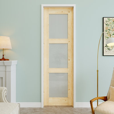 24" x 80" 3-Lite Pine Wood & Frosted Glass Interior Prehung Door with Silver Hinges, Privacy Glass Door Slab, Paintable & Waterproof, Suit for Laundry, Closet Doors, Room Doors, Left Hand