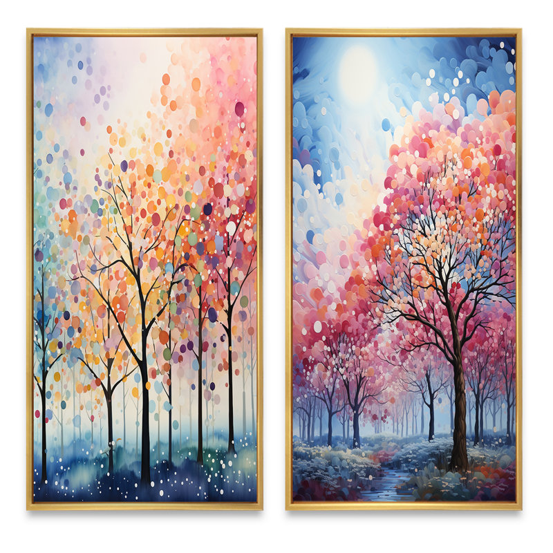 «Trees Field Pointillism Dot», 2 pièces, Encadrement doré, H 40 po x l 40 po