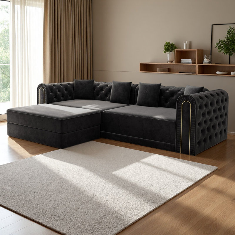 90.6" 3-In-1 Convertible Sleeper Sofa,Elegant Modern Couch With Button Tufted And Gold Edge Trim,3-Seater Couch With Movable Ottoman