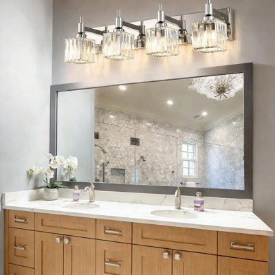 Luminaire de meuble-lavabo moderne en cristal avec finition chromée et abat-jour carré, luminaire mural à 4 lumières pour éclairage en miroir, à intensité variable et réglable