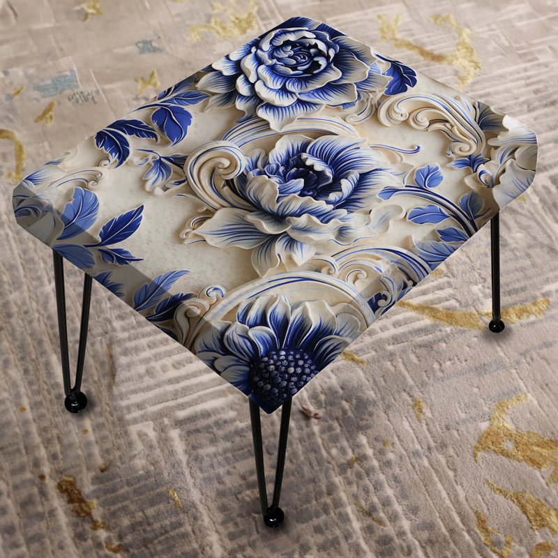 Motif victorien à volutes baroque bleu cobalt - Repose-pieds rectangulaire floral
