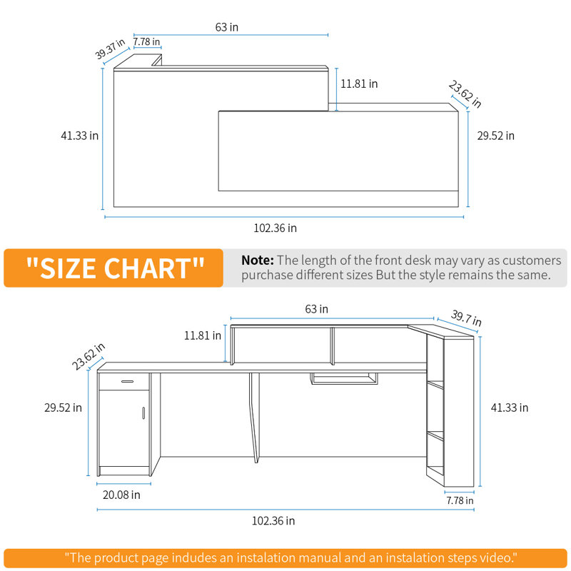 L-Shaped Reception Desk with Lockable Drawers, Computer Desk, and Storage Shelves/Front Desk, 41.33" H x 102.36" W x 39.37" D