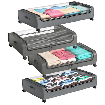 4 PACKS Under Bed Storage with Wheels, Rolling Under Bed Organizer Drawer with Clear Lid & Handles, Arc-Shaped Oxford Fabric Storage Containers for Clothes, Shoes, Toys – Heavy-Duty Metal Frame, 66LBS Capacity