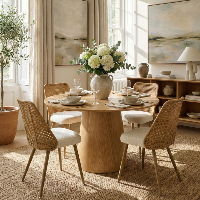 Sheryl 4 - Person Dining Table Sets With 52'' Round Table & 4 Upholstered Fabric Chairs