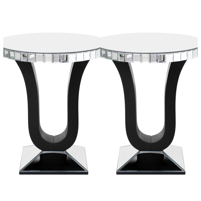 Tall Pedestal Mirrored Glass Top End Table Set of 2