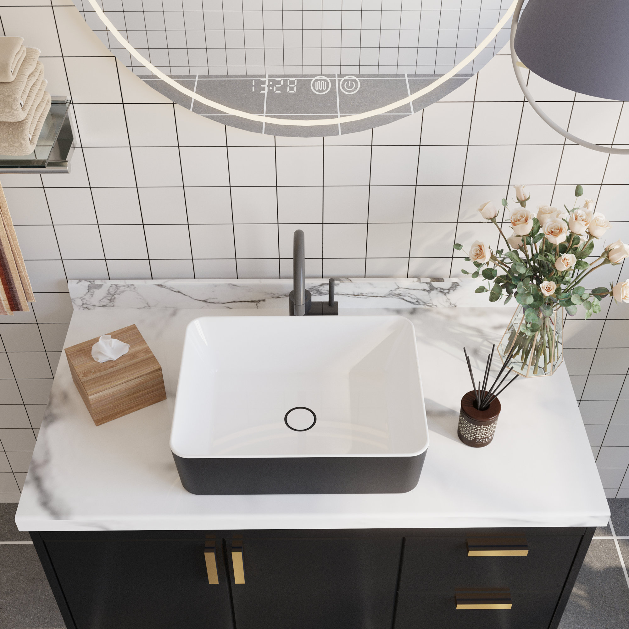 DeerValley Ally 19" x 15" Vitreous China Rectangular Bathroom Sink Vessel Sink, White/Black