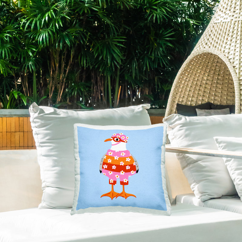 Coussin d'extérieur imprimé Sassy Seagull Wetsuit par Bex Morley Design, Bleu / mouette rouge
