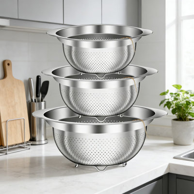Stainless Steel Colander Set, 3-Piece Kitchen Strainers For Pasta, Vegetables, And Fruits With One-Piece Handles, Non-Slip Feet, And Nesting Design, Dishwasher Safe