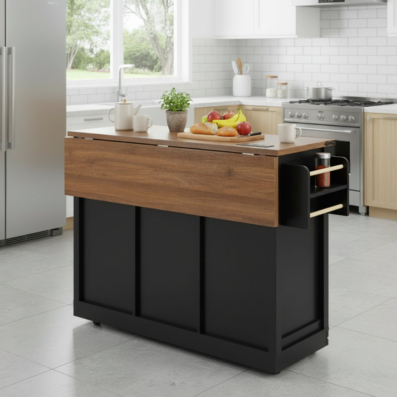 Black Farmhouse-Style Kitchen Island With Double Sliding Barn Doors, Power Outlet, Folding Table, Spice Rack, And Rolling Trolley For Home Dining.