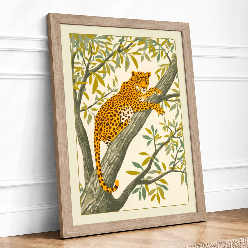 Resting Leopard Botanical - Framed Print, A2 - 59.4 x 42.0 cm, Oak
