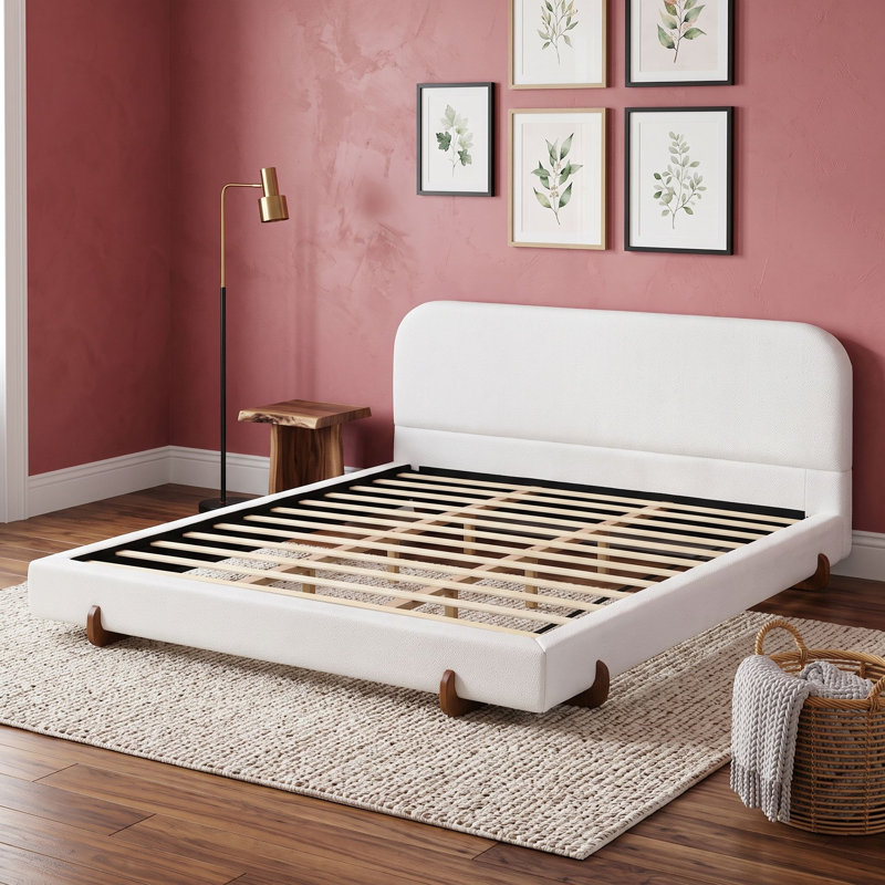 Lit plateforme recouvert de tissu avec pieds et tête de lit en bois d'hévéa, CaliforniaKing