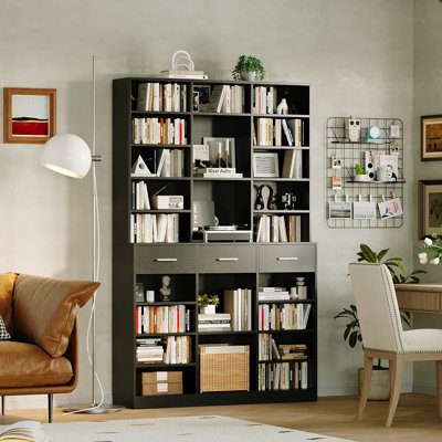 Bibliothèque de 75 po de hauteur avec 3 tiroirs, bibliothèque de 47 po de largeur avec 8 tablettes réglables pour le bureau du salon