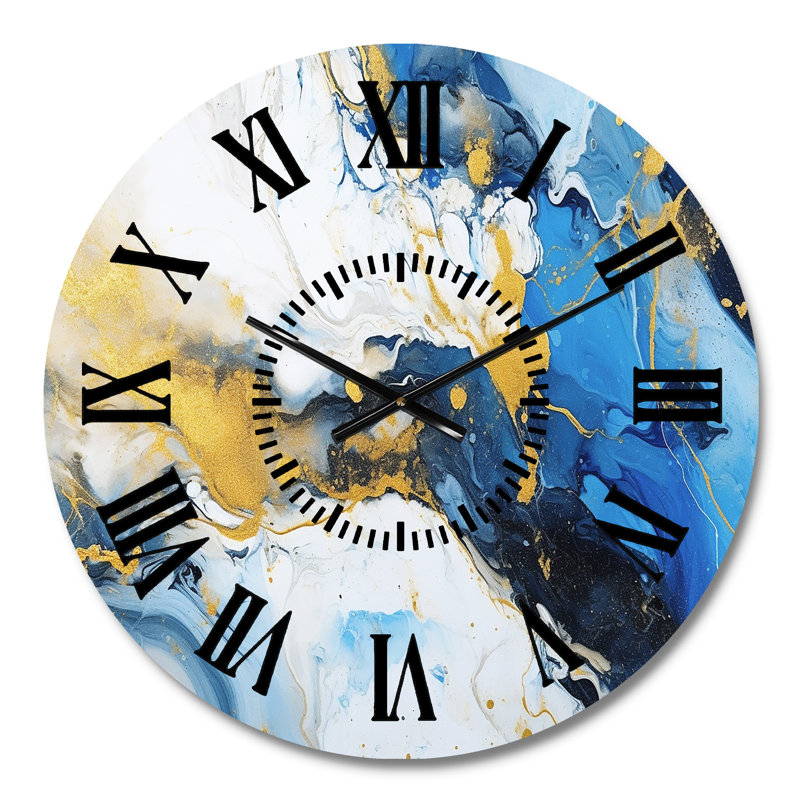 Horloge murale abstraite bleue et dorée à motif abstrait fluides de luxe IV, Médium