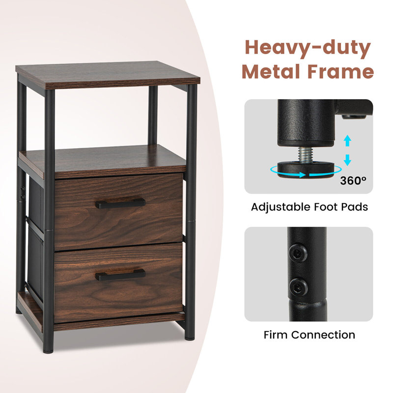 Walnut and Black 2-Drawer Nightstand with Open Shelf