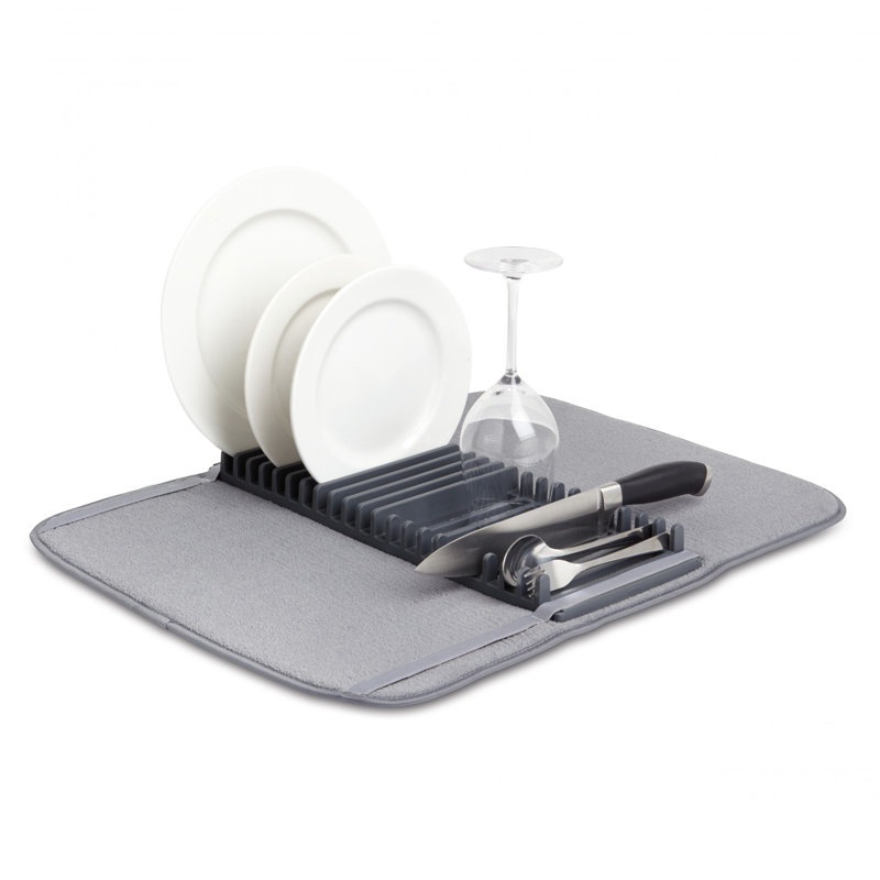 Charcoal Foldable Plastic Dish Drying Rack with Mat