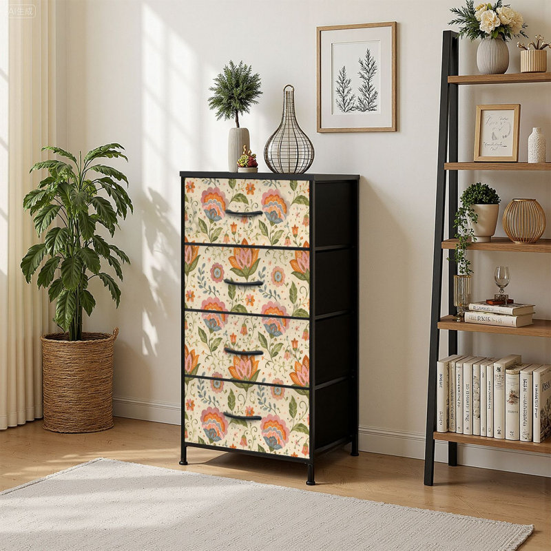 Commode de rangement verticale à 4 tiroirs à motif floral sans couture à la main avec tiroirs en bois
