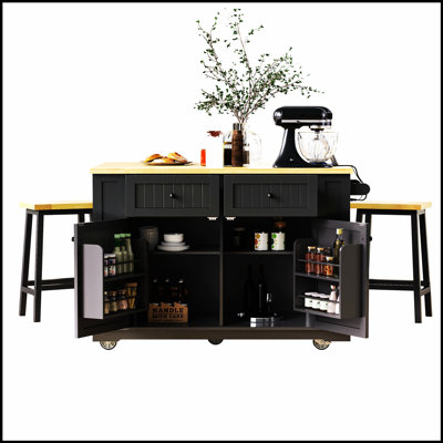 48-Inch Large Kitchen Island With 2 Bar Stools, Power Outlet, And Multiple Storage Options For Modern Kitchens And Dining Rooms